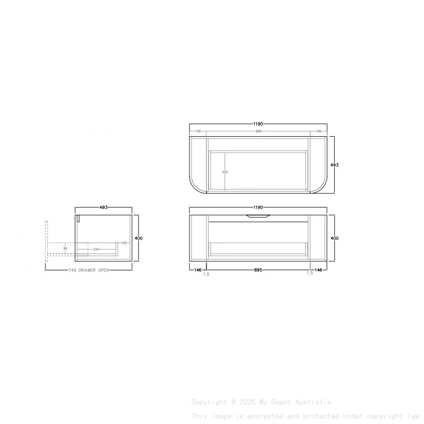 1190*493*400mm Prime Oak Agena Fluted Wood Grain Wall Hung Vanities Soft Closing Drawer Pull Out With Handle