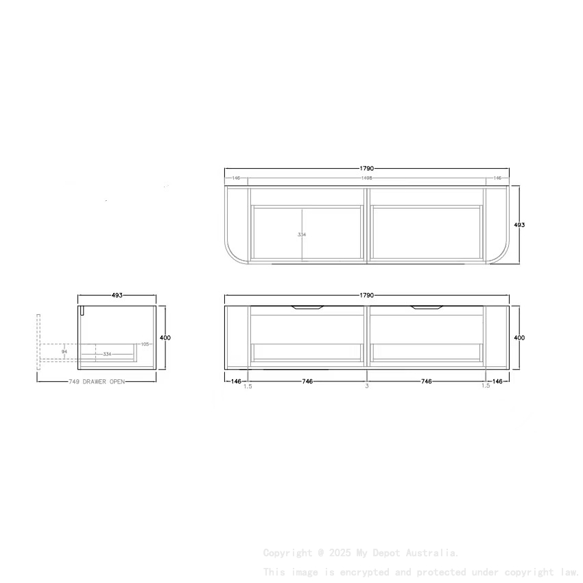 1790*493*400mm Costal Oak Agena Fluted Wood Grain Wall Hung Vanities Soft Closing Drawer Pull Out With Handle