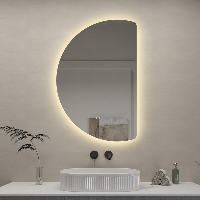 665x1000mm Half-Moon 3 Color Backlit LED Mirror with Touchless Sensor Switch, Flat Right Side