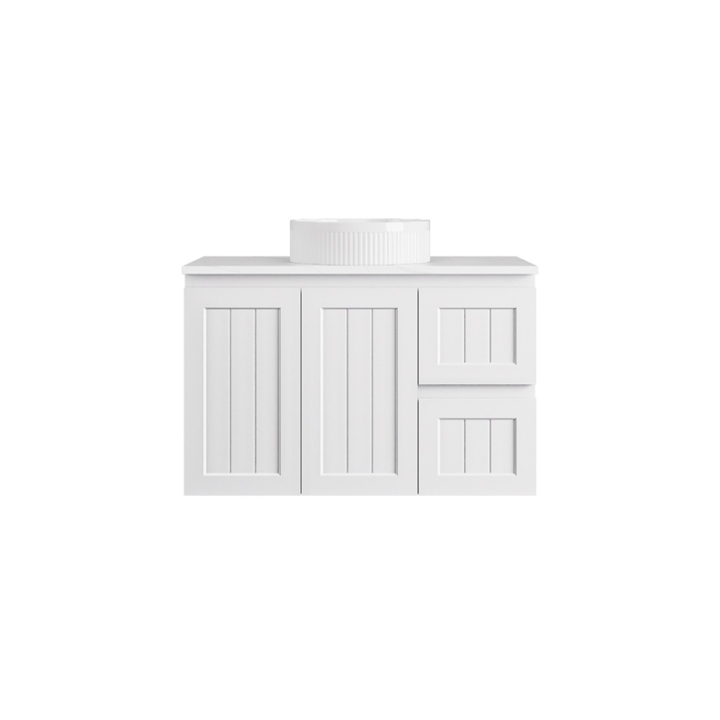 890*360*560mm Matte White Archill Federation Wall Hung Ensuite PVC Cabinet Right Hand Drawer