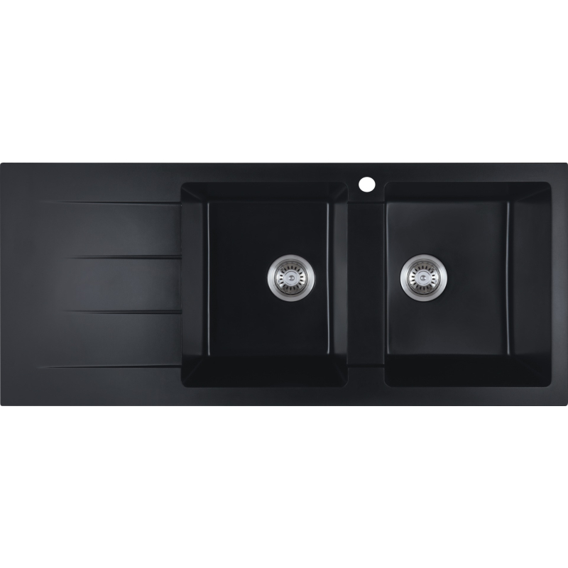 1160*500*210mm Cora Black Granite Sink Double Bowl With Drainer Right Hand Bowl
