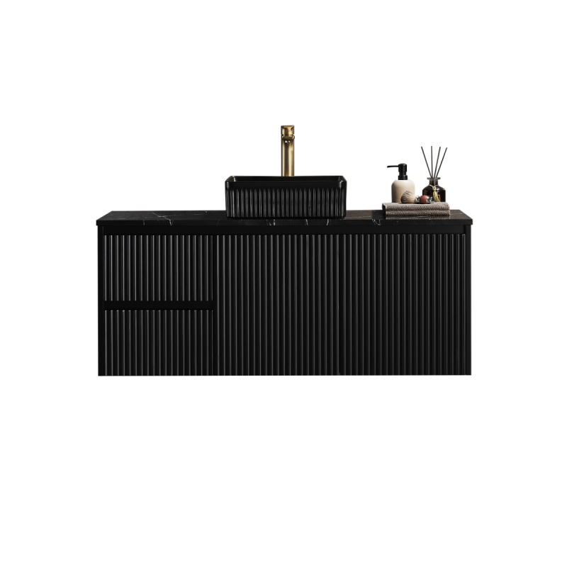 890x455x480mm Matte Black Crete Modern Fluted Wall Hung Vanity PVC Cabinet Left Hand Drawers