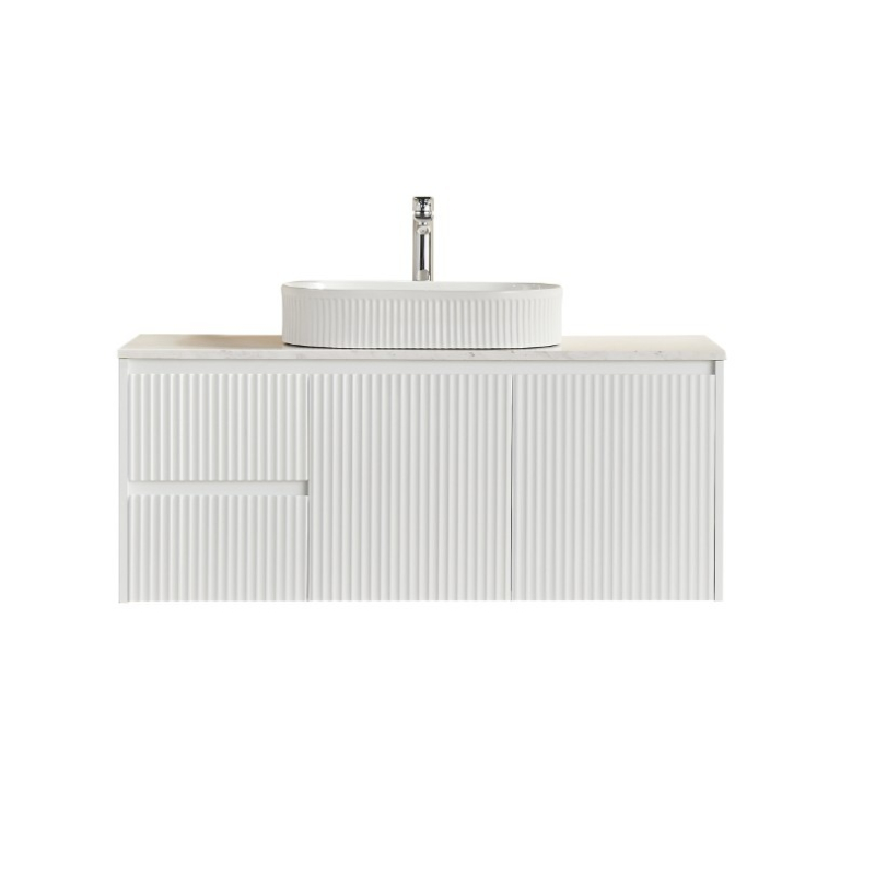 1190X455X480mm Matte White Crete Modern Fluted Wall Hung Vanity PVC Cabinet Left Hand Drawers