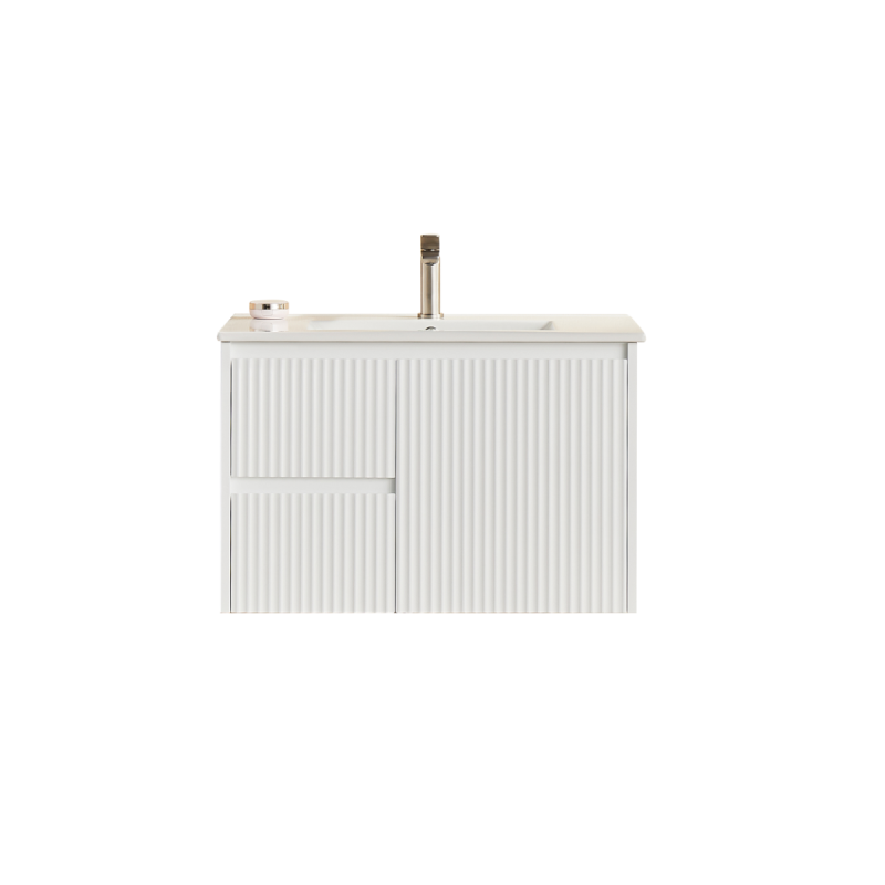 740X455X480mm Matte White Crete Modern Fluted Wall Hung Vanity PVC Cabinet Left Hand Drawers