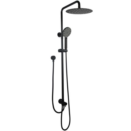 Round Black Top/Bottom Water Inlet Twin Shower Rail With Diverter, 200mm Shower Head and Handheld Shower