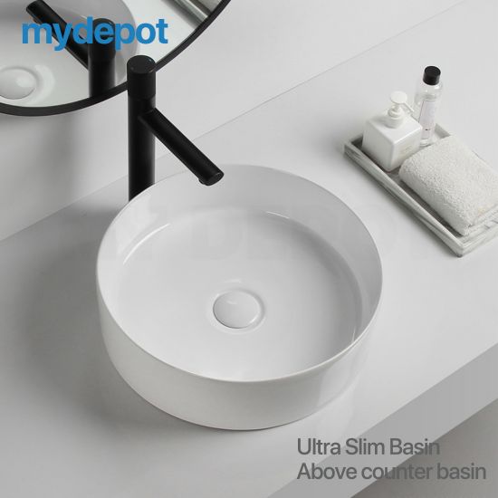 350*350*120mm Round Gloss White Ceramic Above Counter Basin Non-overflow