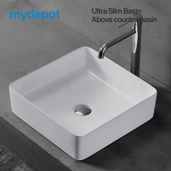 410x410x135mm Square Above Counter Basin Gloss White Ultra Slim Fine Ceramic Basin