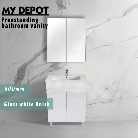 600L*850H*460DMM Gloss White MDF Bathroom Vanity 2 Doors Free Standing 