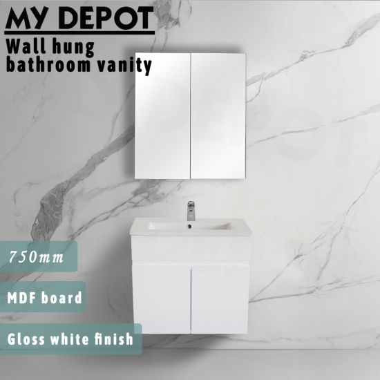 750L*520H*360DMM Gloss White MDF Bathroom Vanity 2 Doors Wall Hung 