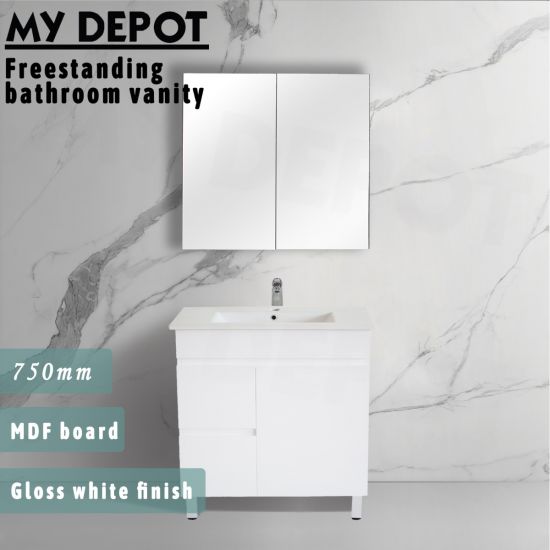 750L*850H*360DMM Gloss White MDF Bathroom Vanity Left Drawers Free Standing 