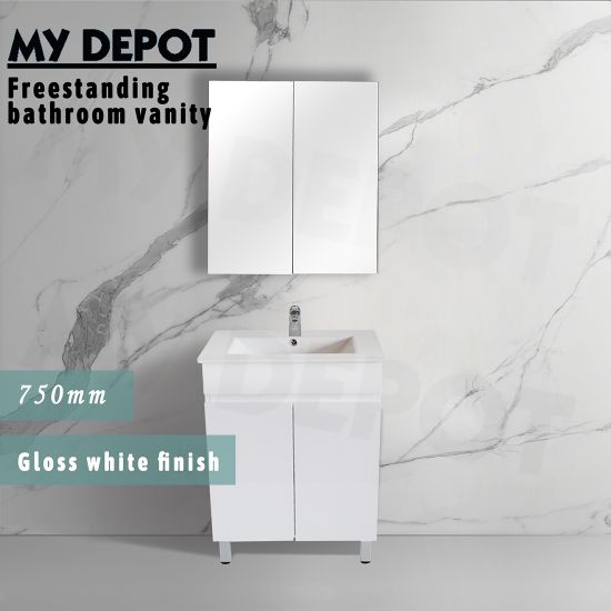 750L*850H*460DMM Gloss White MDF Bathroom Vanity 2 Doors Free Standing