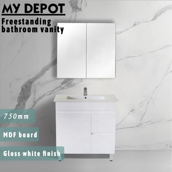 750L*850H*460DMM Gloss White MDF Bathroom Vanity  Right Drawers Free Standing