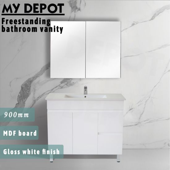 900L*850H*460DMM Gloss White MDF Bathroom Vanity Right Drawers Free Standing