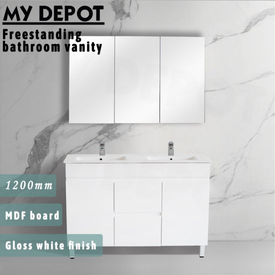 1200L*850H*460DMM Gloss White MDF Bathroom Vanity 2 Middle Drawers 2 Side Doors Free Standing