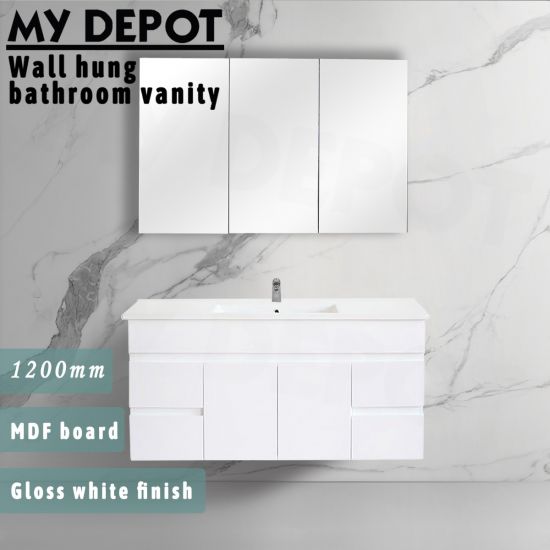 1200L*520H*460DMM Gloss White MDF Bathroom Vanity 2 Middle Drawers 4 Side Drawers Wall Hung