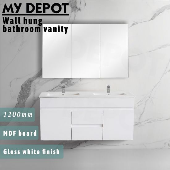 1200L*520H*460DMM Gloss White MDF Bathroom Vanity 2 Middle Drawers 2 Side Doors Wall Hung