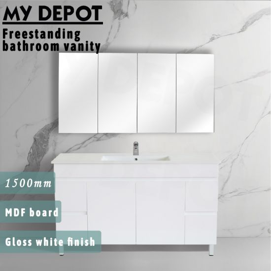 1500L*850H*460DMM Gloss White MDF Bathroom Vanity 4 Side Drawers 2 Middle Doors Free Standing