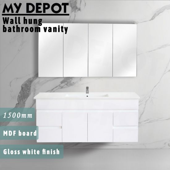 1500L*520H*460DMM Gloss White MDF Bathroom Vanity 4 Side Drawers 2 Middle Doors Wall Hung