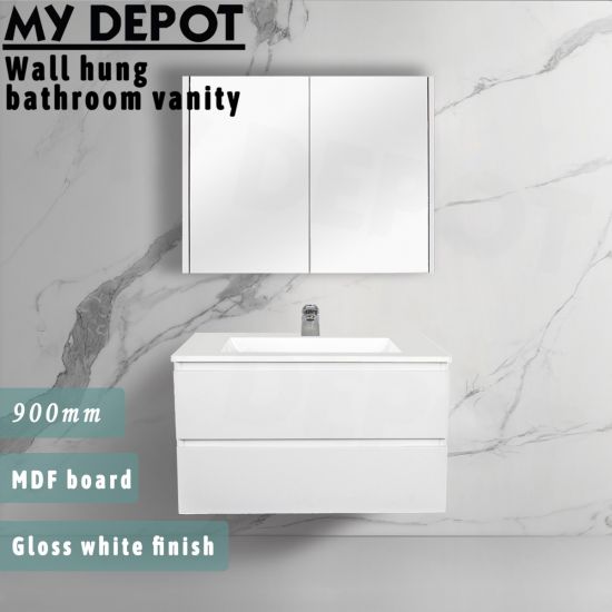 900L*520H*460DMM Gloss White MDF Bathroom Vanity 2 Drawers Wall Hung 