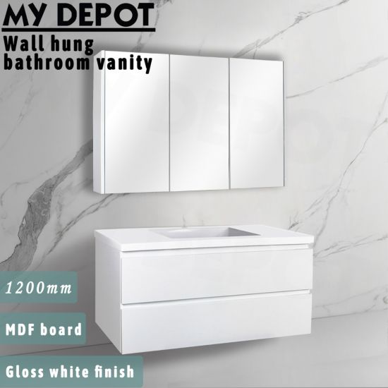 1200L*520H*460DMM Gloss White MDF Bathroom Vanity 2 Drawers Wall Hung 