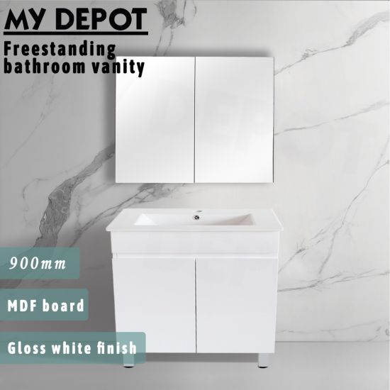 900L*850H*360DMM Gloss White MDF Bathroom Vanity 2 Doors Free Standing