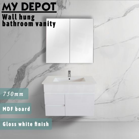 750L*520H*360DMM Gloss White MDF Bathroom Vanity Left Drawers Wall Hung 