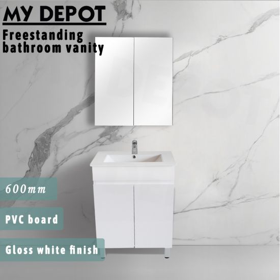 600L*850H*460DMM Gloss White PVC Bathroom Vanity 2 Doors Free Standing 