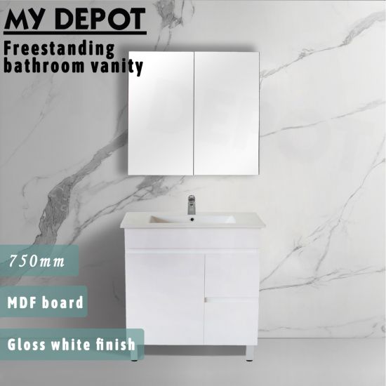 750L*850H*360DMM Gloss White PVC Bathroom Vanity Right Drawers Free Standing