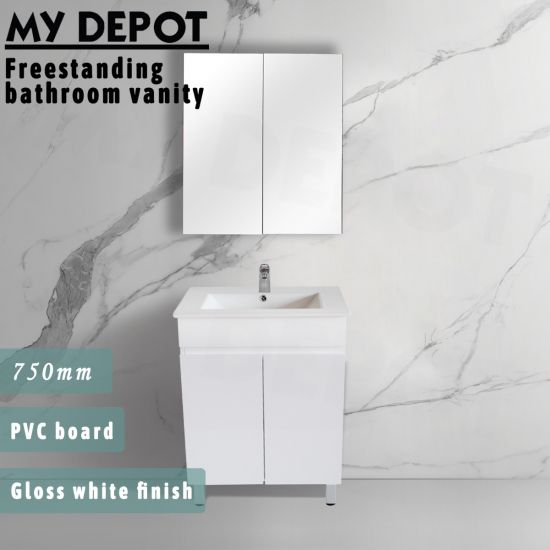 750L*850H*460DMM Gloss White PVC Bathroom Vanity 2 Doors Free Standing