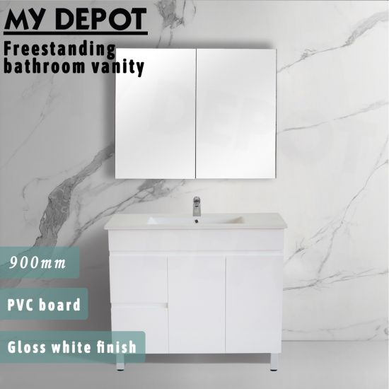 900L*850H*460DMM Gloss White PVC Bathroom Vanity Left Drawers Free Standing