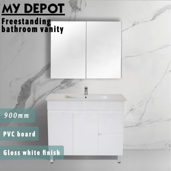 900L*850H*460DMM Gloss White PVC Bathroom Vanity Right Drawers Free Standing