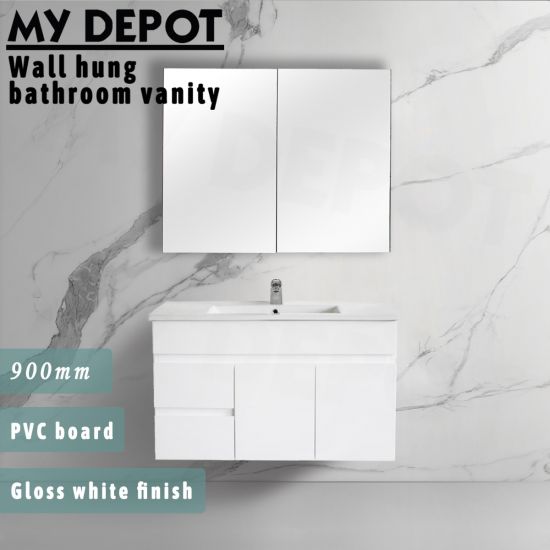 900L*520H*460DMM Gloss White PVC Bathroom Vanity Left Drawers Wall Hung
