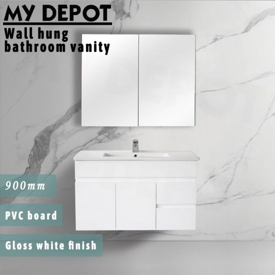 900L*520H*460DMM Gloss White PVC Bathroom Vanity Right Drawers Wall Hung