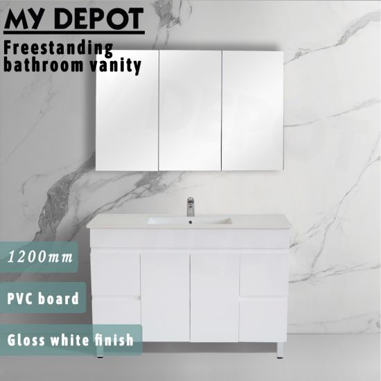 1200L*850H*460DMM Gloss White PVC Bathroom Vanity 4 Side Drawers 2 Middle Doors Free Standing