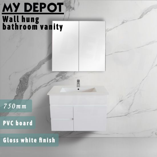 750L*520H*360DMM Gloss White PVC Bathroom Vanity Wall Hung 2 Left Drawers 1 Right Door