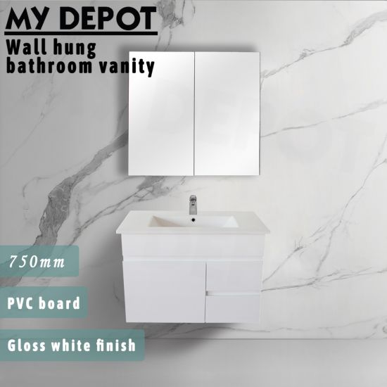 750L*520H*360DMM Gloss White PVC Bathroom Vanity Wall Hung 2 Right Drawers 1 Left Door