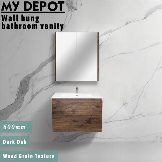 600L*520H*460DMM Dark Oak MDF Bathroom Vanity 2 Drawers Wall Hung 