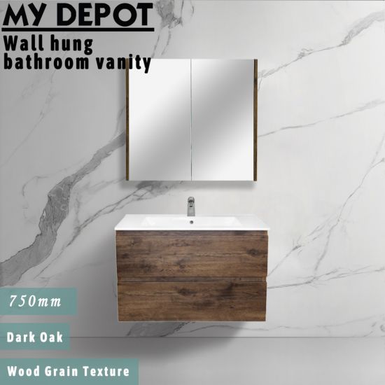 750L*520H*460DMM Dark Oak MDF Bathroom Vanity 2 Drawers Wall Hung 
