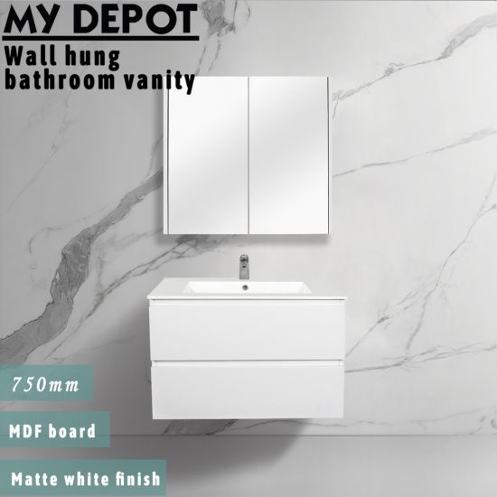 750L*520H*460DMM Matte White MDF Bathroom Vanity 2 Drawers Wall Hung 