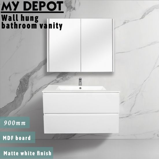 900L*520H*460DMM Matte White MDF Bathroom Vanity 2 Drawers Wall Hung 