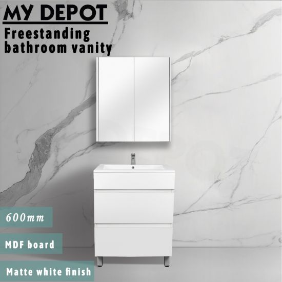 600L*850H*460DMM Matte White MDF Bathroom Vanity 2 Drawers Free Standing