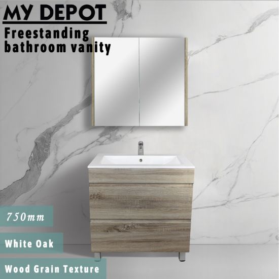 750L*850H*460DMM White Oak MDF Bathroom Vanity 2 Drawers Free Standing