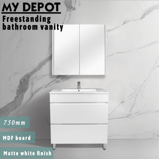 750L*850H*460DMM Matte White MDF Bathroom Vanity 2 Drawers Free Standing