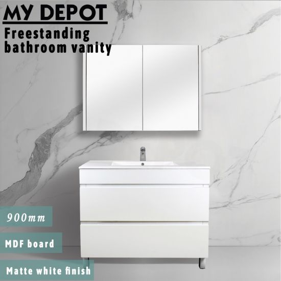 900L*850H*460DMM Matte White MDF Bathroom Vanity 2 Drawers Free Standing