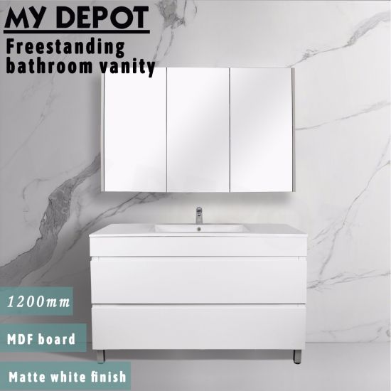 1200L*850H*460DMM Matte White MDF Bathroom Vanity 2 Drawers Free Standing
