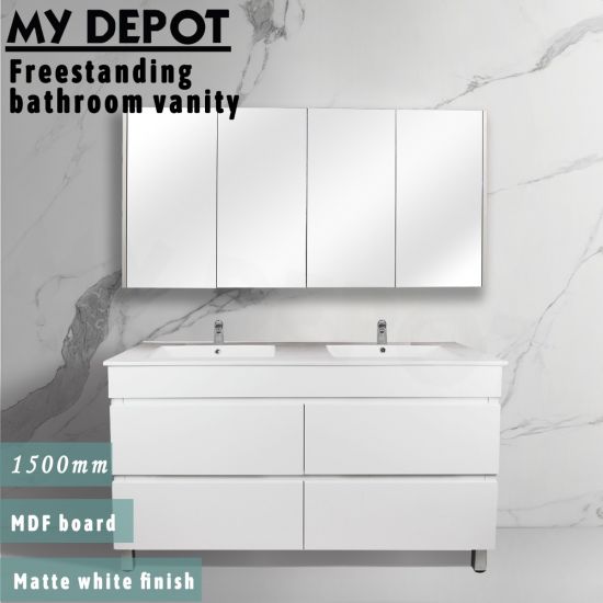 1500L*850H*460DMM Matte White MDF Bathroom Vanity 4 Drawers Free Standing