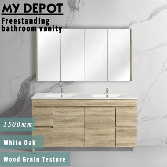 1500L*850H*460DMM White Oak MDF Bathroom Vanity 4 Side Drawers 2 Middle Doors Free Standing