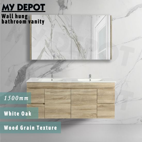 1500L*500H*460DMM White Oak MDF Bathroom Vanity 4 Side Drawers 2 Middle Doors Wall Hung