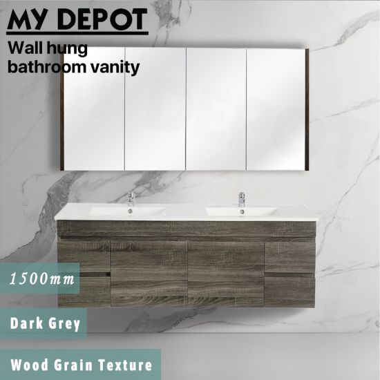 1500L*500H*460DMM Dark grey MDF Bathroom Vanity 4 Side Drawers 2 Middle Doors Wall Hung