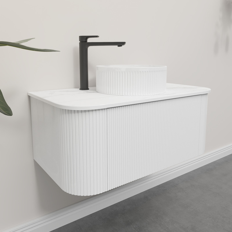 Kiama 950mm Matte White 1 Drawer Curved Wall Hung Fluted Bathroom Vanity